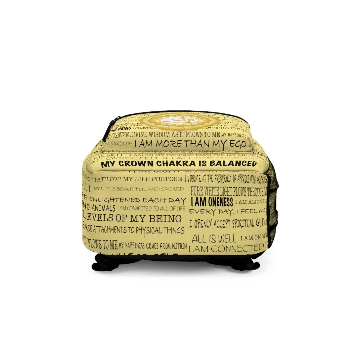 Bottom view of the light yellow Crown Chakra Affirmations Backpack, showing the durable base construction.