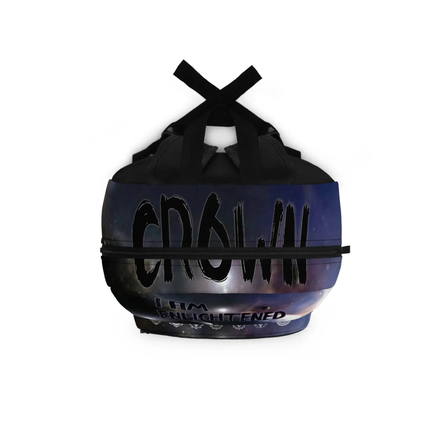 Cosmic print duffel bag with 'CROWN' and 'I AM ENLIGHTENED' text, spiritual astrology design