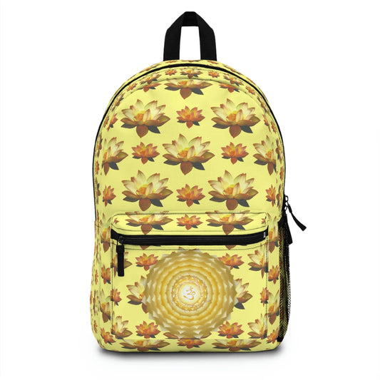 Front View: Yellow Crown Chakra Backpack - Front view with an all-over lotus print and floral chakra emblem on the pocket.