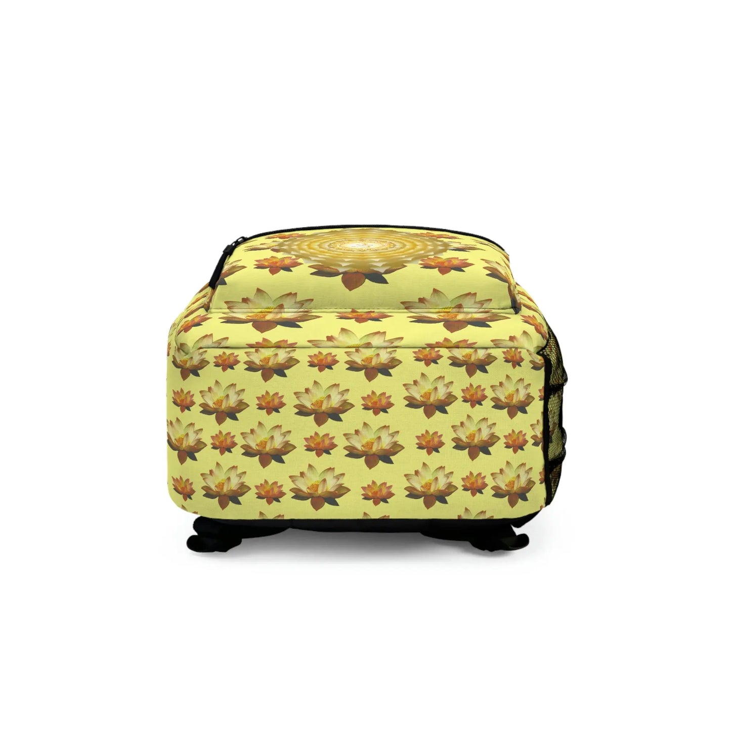 Bottom view of the yellow Crown Chakra Backpack, showing the durable base construction.