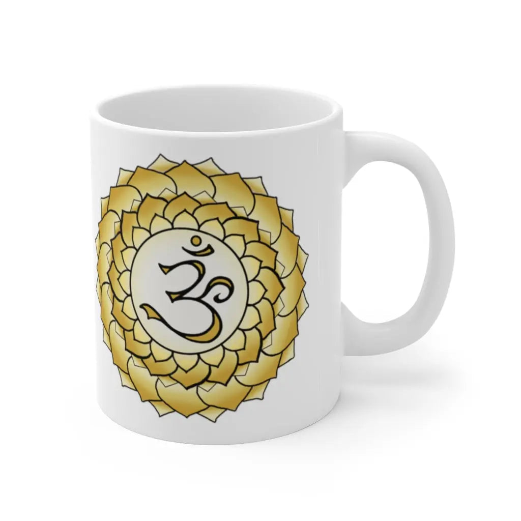 Crown Chakra Mug - Left side with the golden Crown Chakra symbol, clean white background.