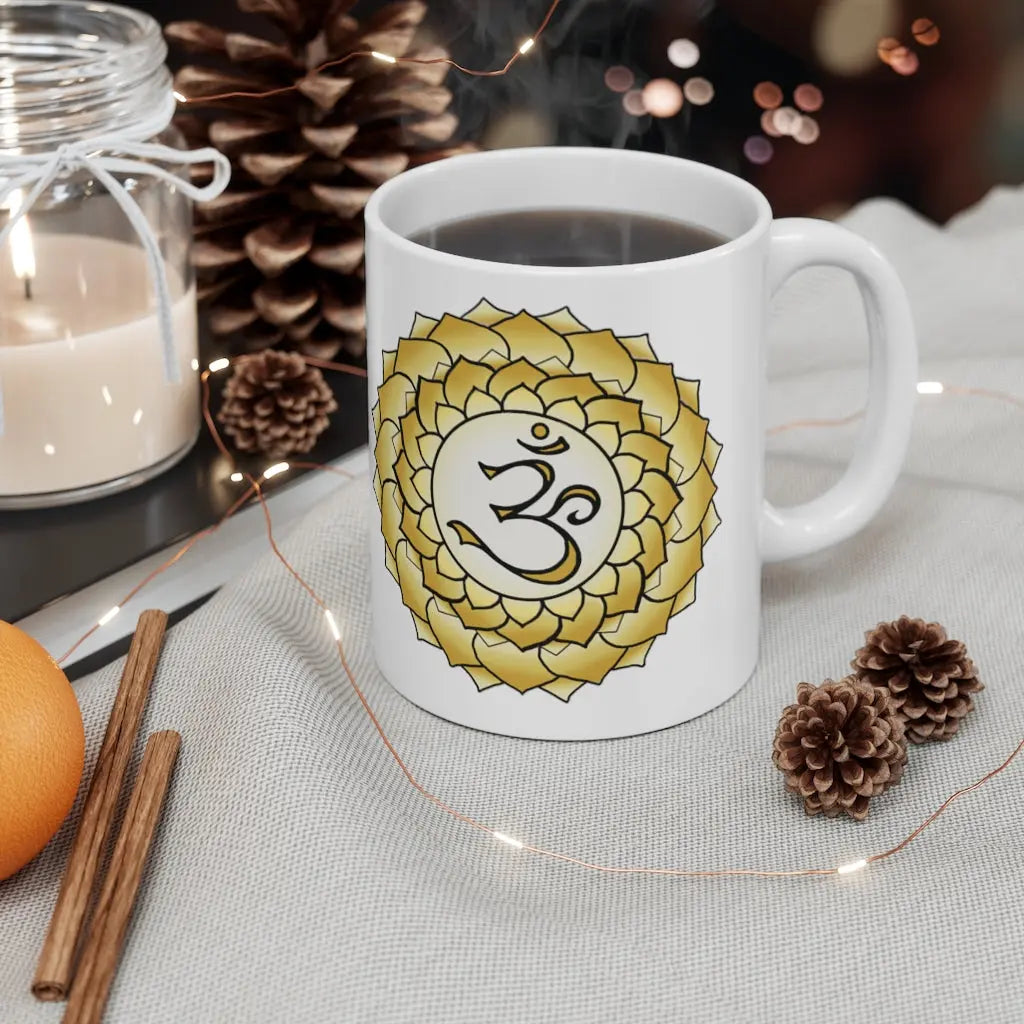 Crown Chakra Mug - Symbol side with a cozy, winter-themed background.