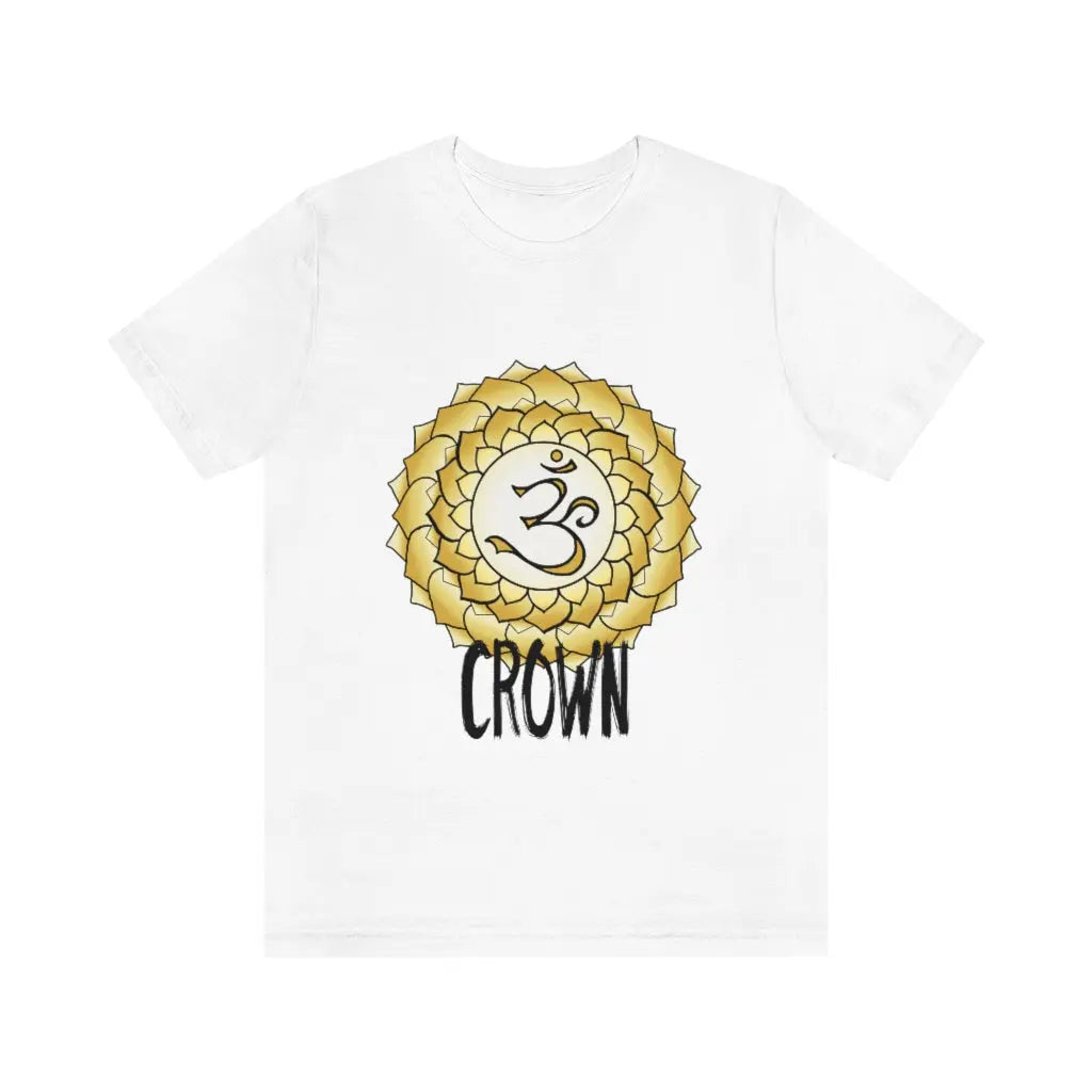 Crown Chakra T-Shirt in white on a flat background, showcasing the vibrant Sahasrara symbol.
