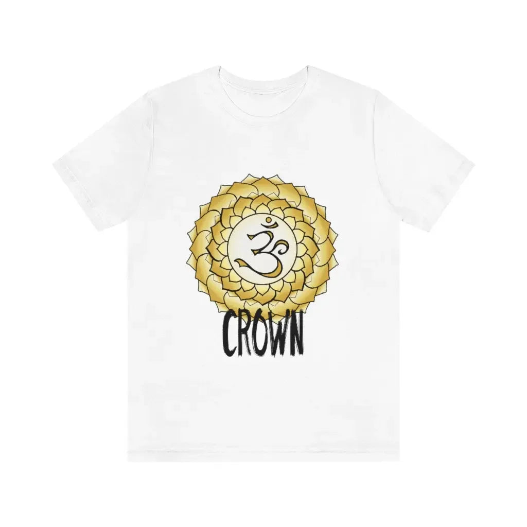White t-shirt with golden crown chakra symbol and Om sign, spiritual energy apparel