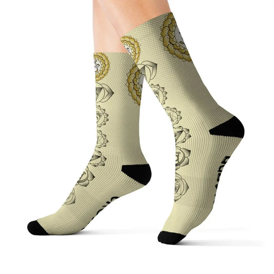 Model (On-Foot Fit): Model wearing the gold Crown Chakra Alignment Socks against a white background to show the on-foot fit and mid-calf length.
