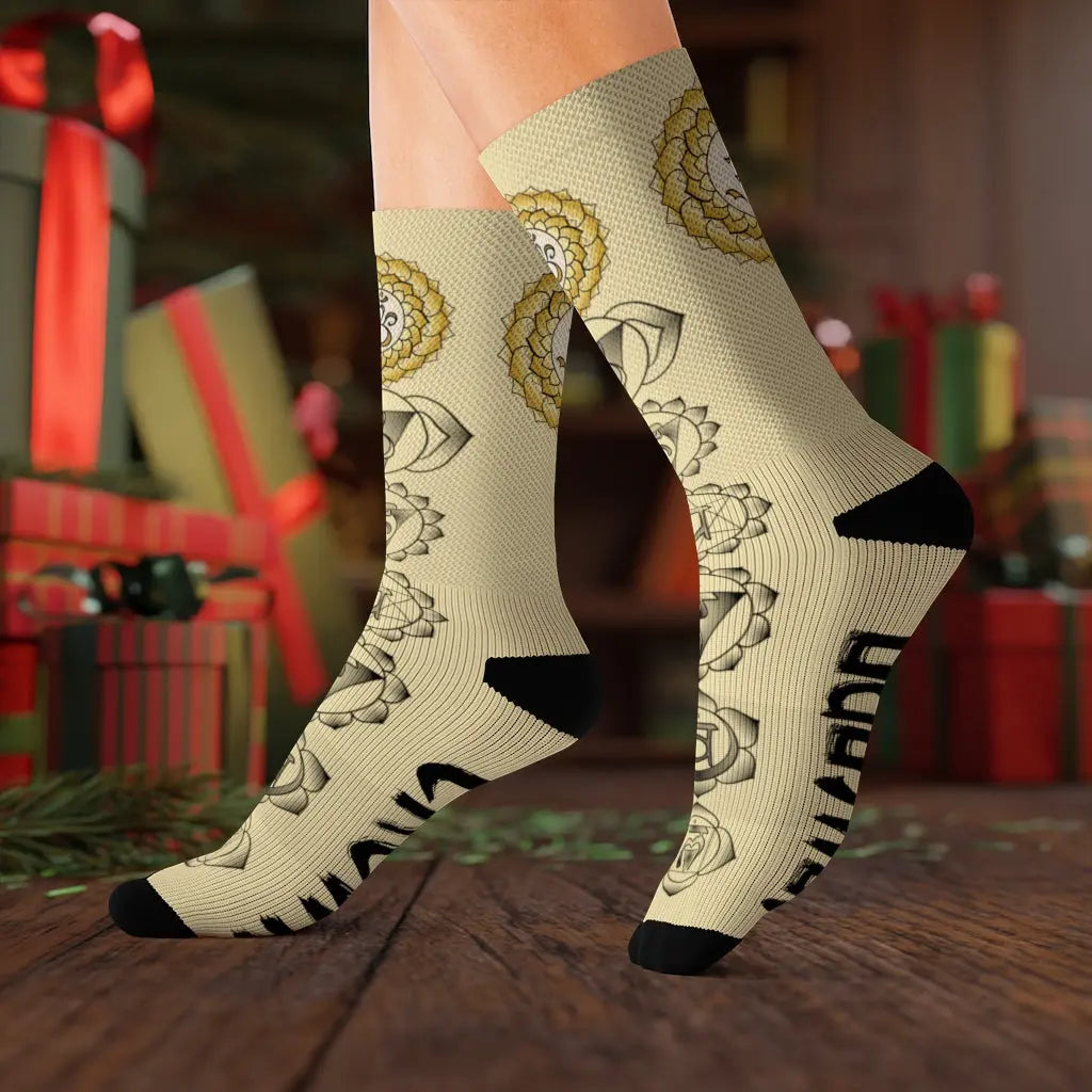 Lifestyle (Holiday Gift): Model wearing the Crown Chakra Socks in a festive Christmas setting, presenting them as a thoughtful and unique holiday gift for wellness enthusiasts.