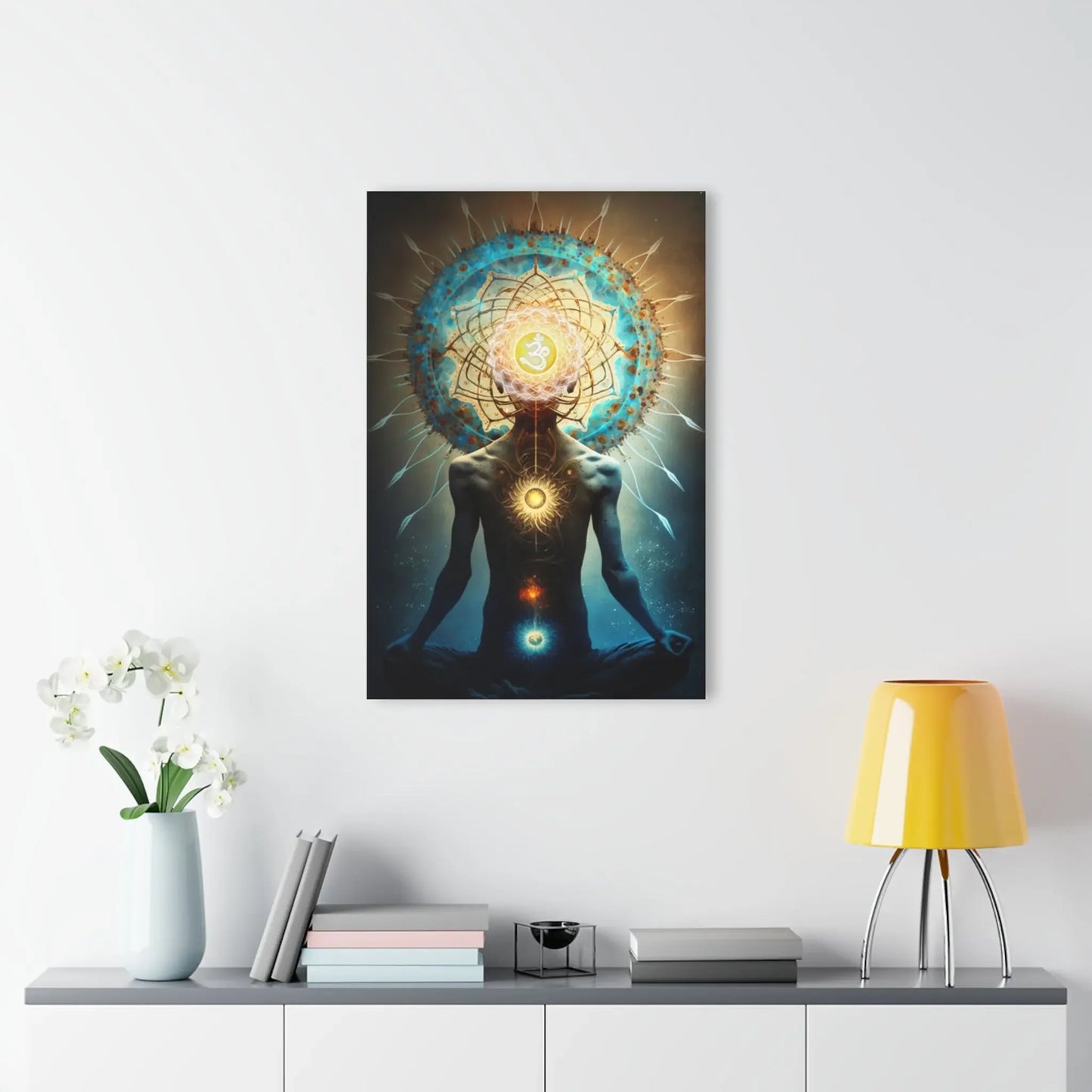 Meditating figure with glowing chakras and sacred geometry, spiritual wall art for energy healing and mindfulness.