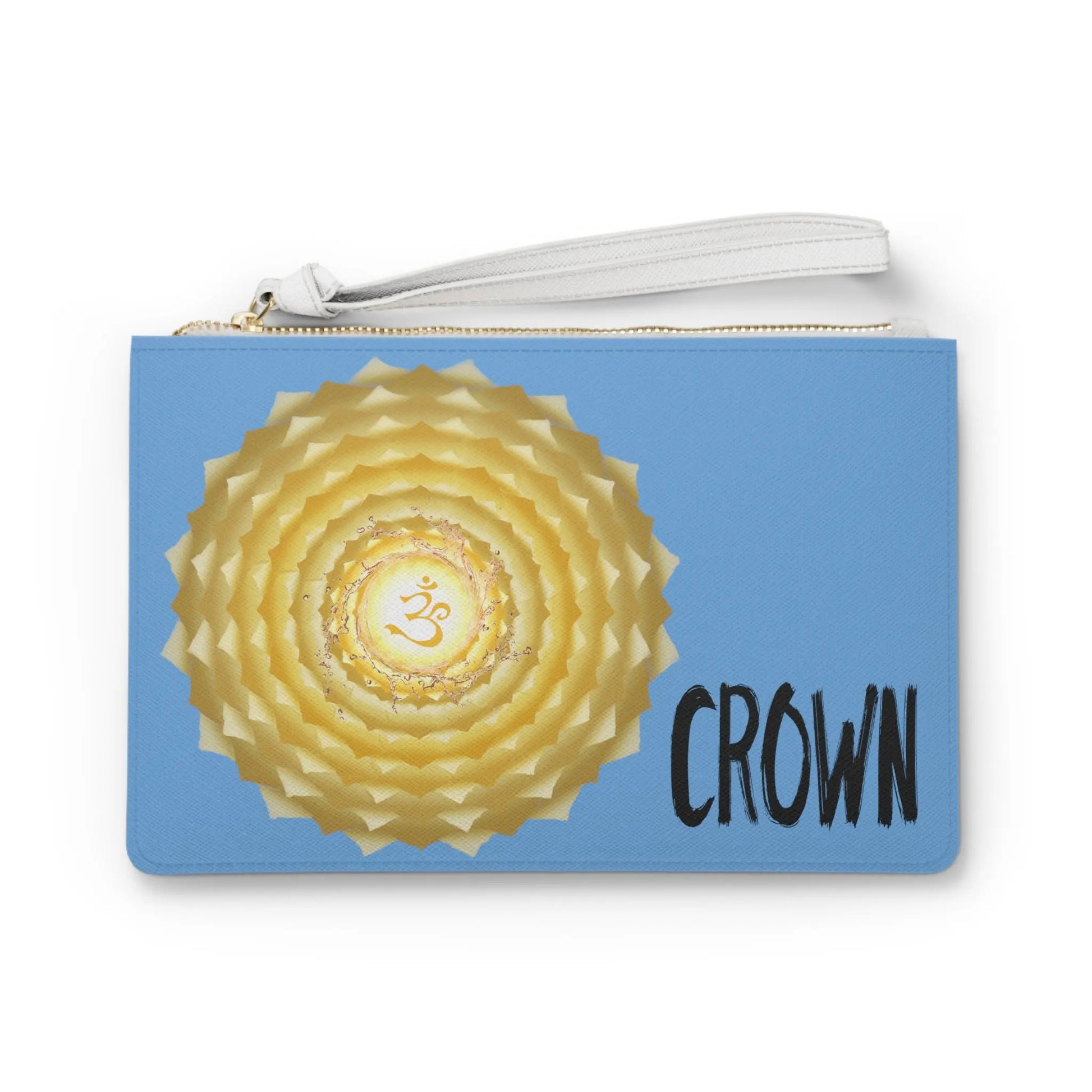 Crown Chakra Clutch - Front view of light blue vegan leather purse with cream colored Crown Chakra symbol print.