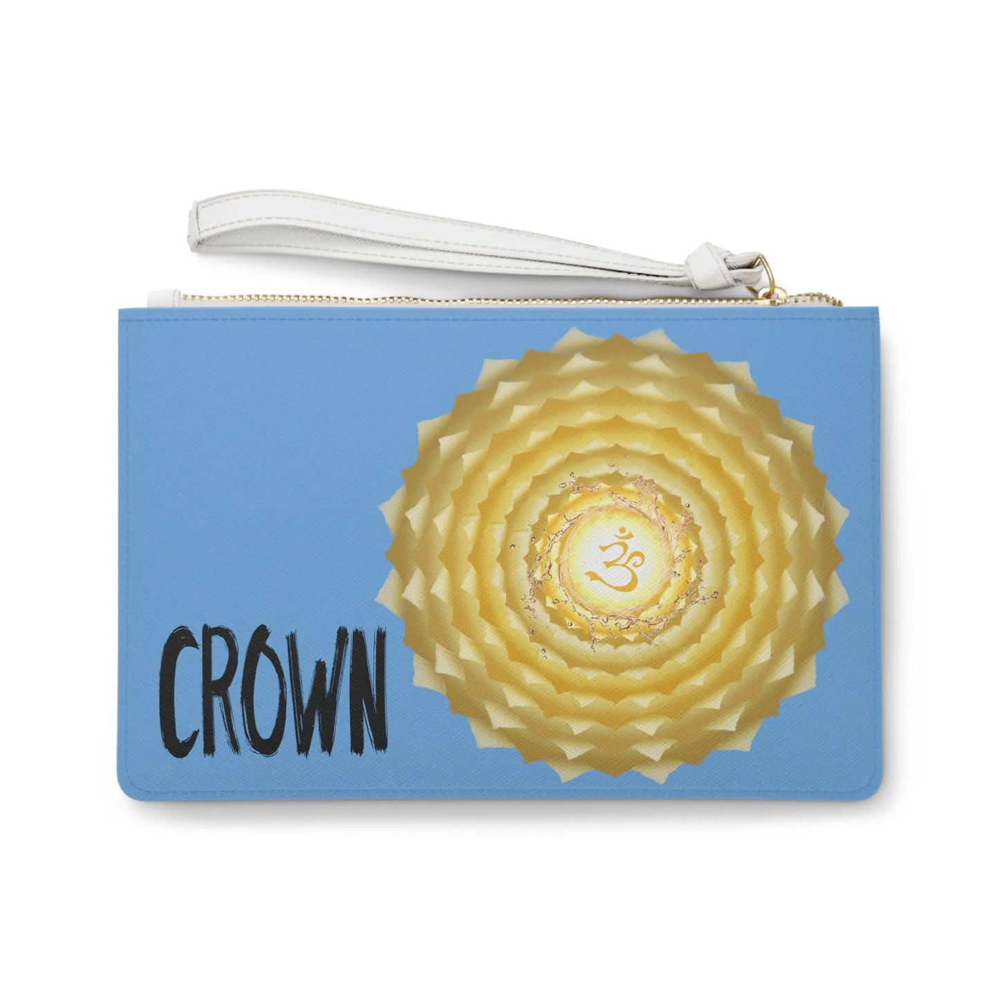 Crown Chakra Clutch - Back view of light blue vegan leather purse with cream colored Crown Chakra symbol print.