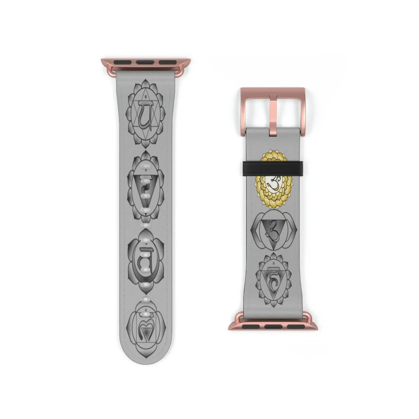 Gray Apple Watch band with chakra symbols and rose gold hardware for spiritual energy alignment