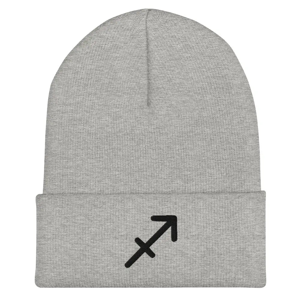 Gray Sagittarius Zodiac Beanie - Front view of embroidered knit hat.
