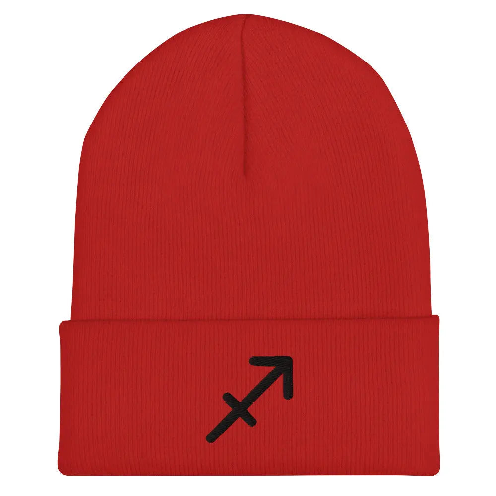 Red Sagittarius Zodiac Beanie - Front view of embroidered knit hat.