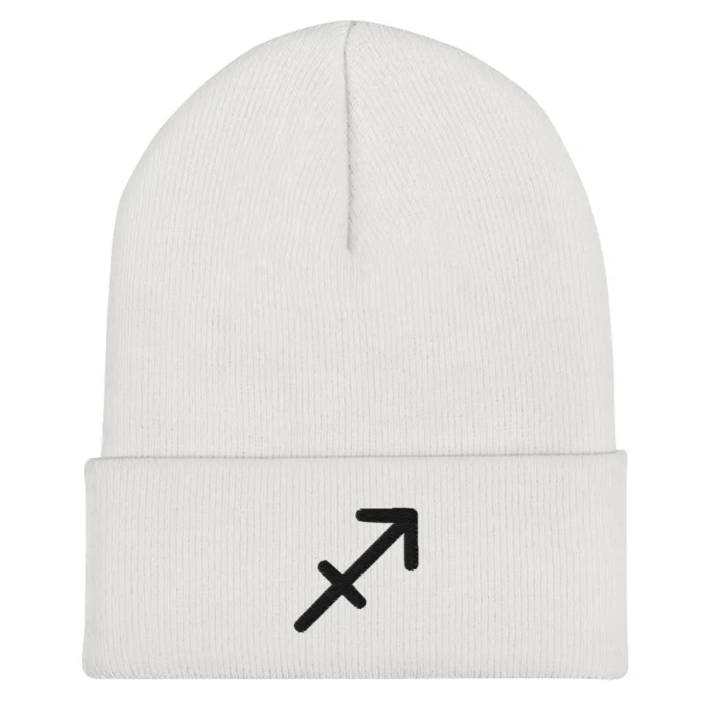 White Sagittarius Zodiac Beanie - Front view of embroidered knit hat.