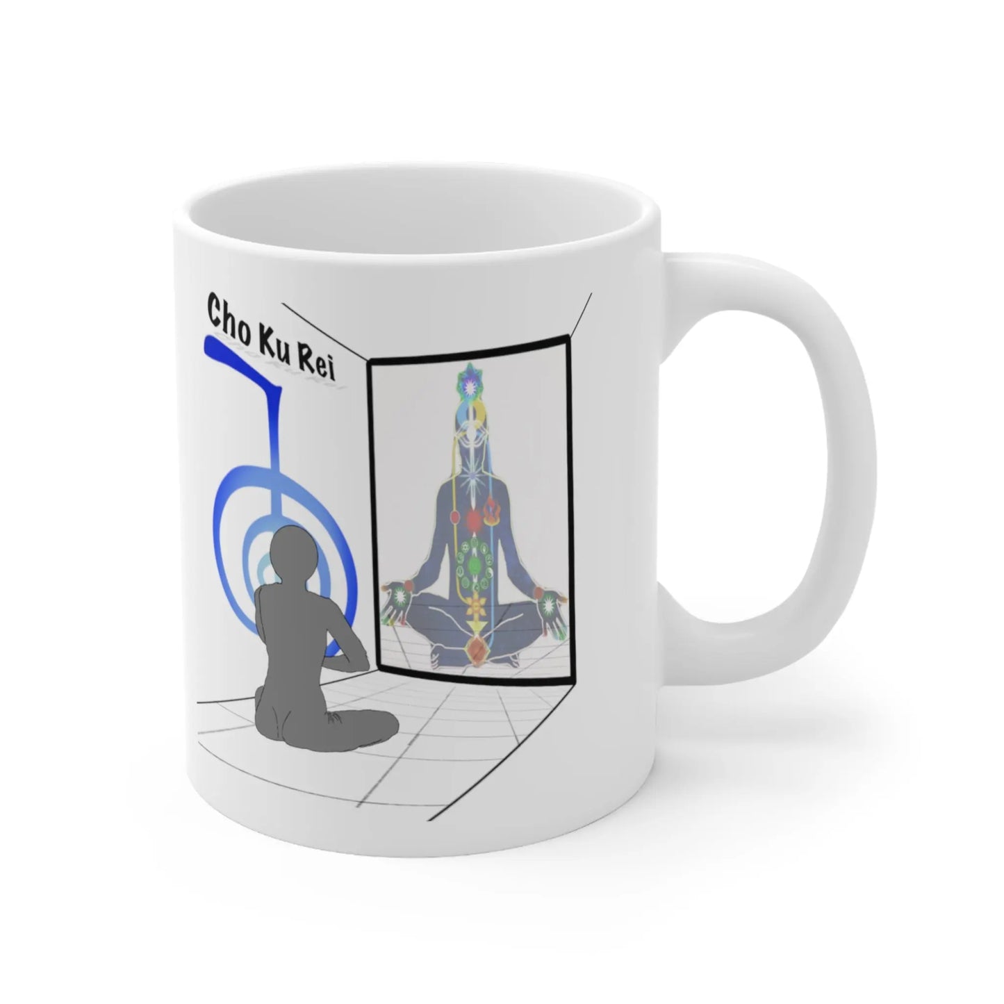 Cho Ku Rei Reiki Mug - Left side with artistic depiction of meditative energy flow.