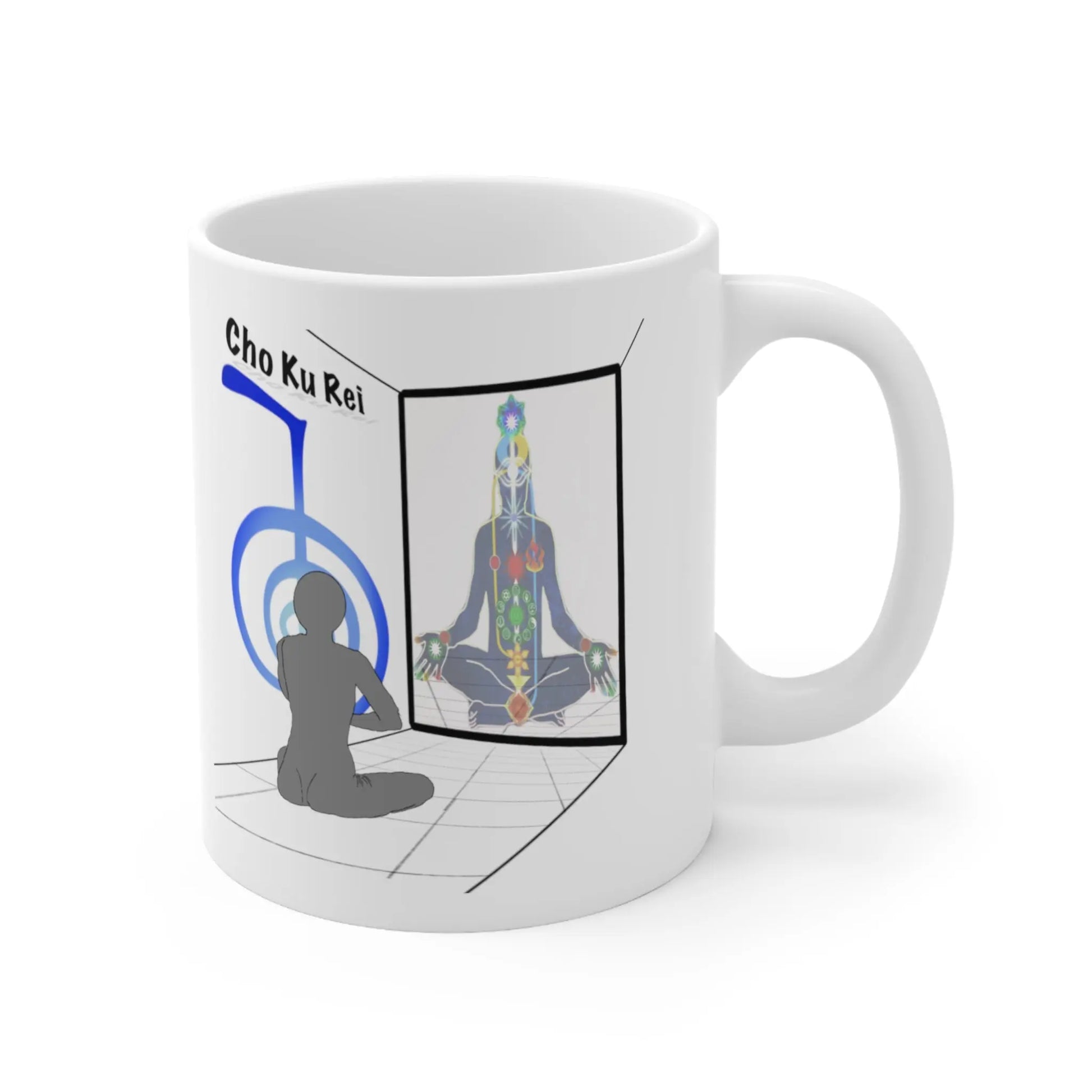 Cho Ku Rei Reiki Mug - Left side with artistic depiction of meditative energy flow.