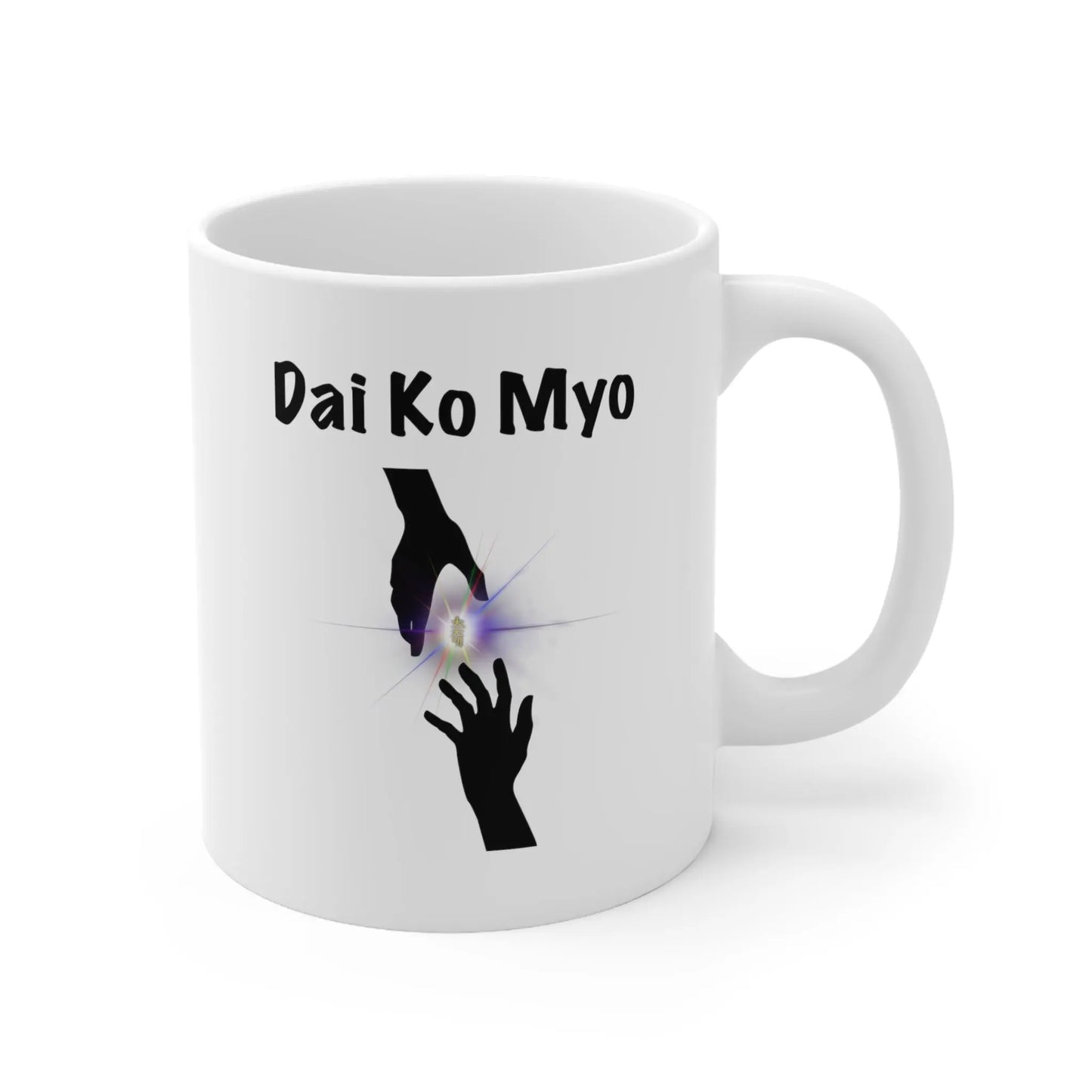Dai Ko Myo Reiki Mug - Left side with artistic depiction of hands passing energy.