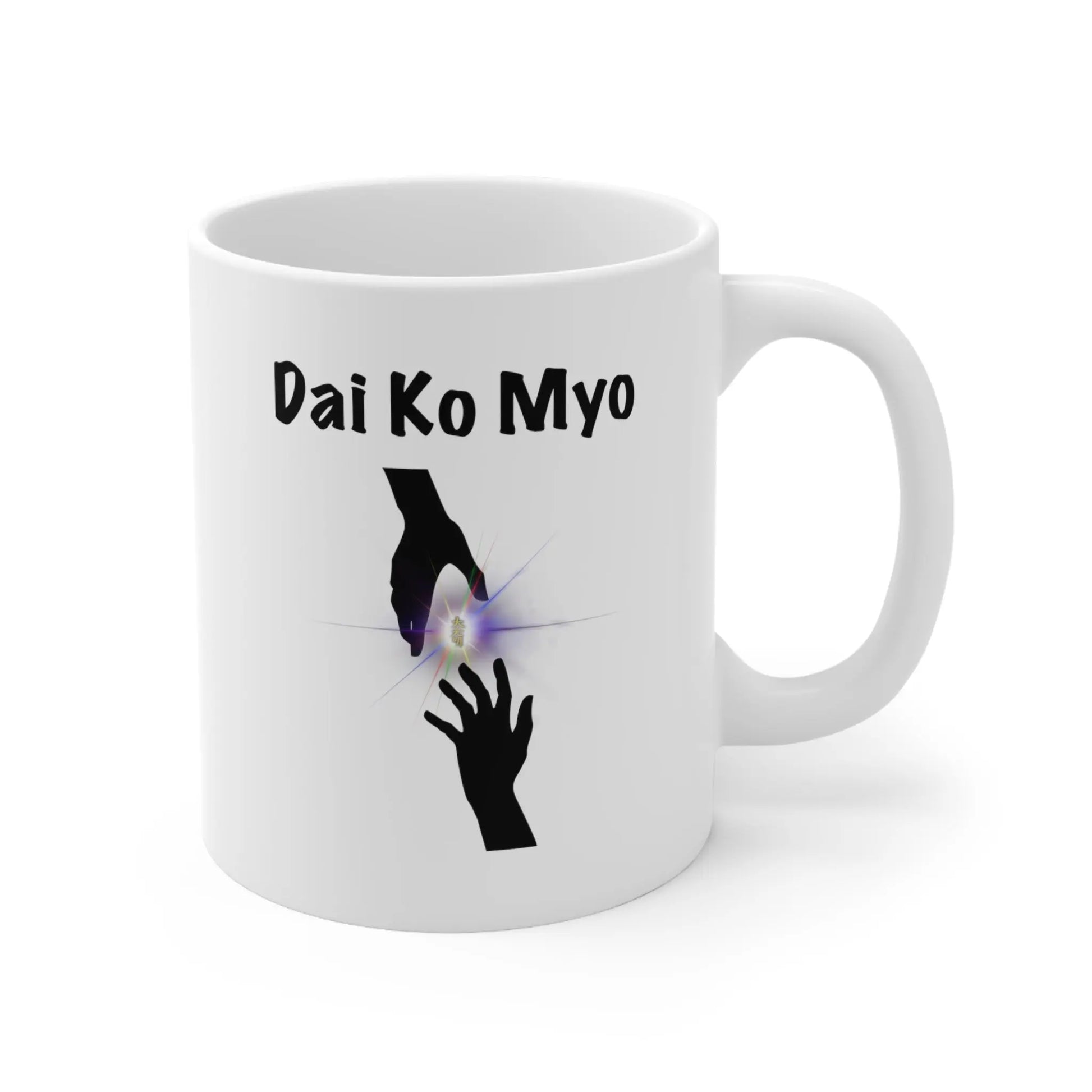 Dai Ko Myo Reiki Mug - Left side with artistic depiction of hands passing energy.