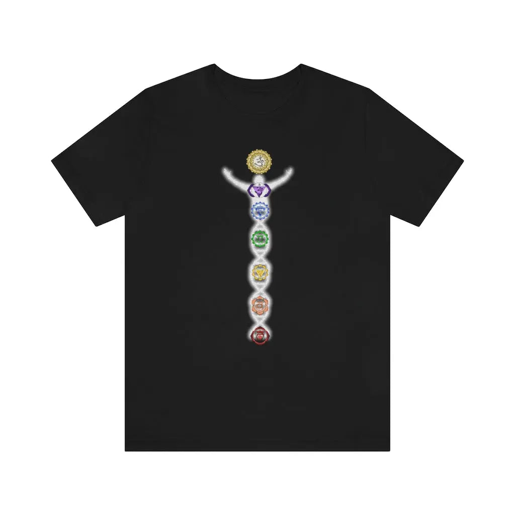 DNA Man Shirt in Solid Black Blend on a flat background, showcasing the vibrant chakra design.