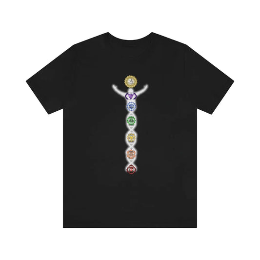 DNA Man Shirt in Solid Black Blend on a flat background, showcasing the vibrant chakra design.