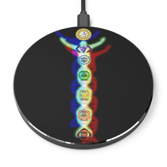 "DNA Man" Wireless Charger on a white background, showing the full chakra and double helix design.