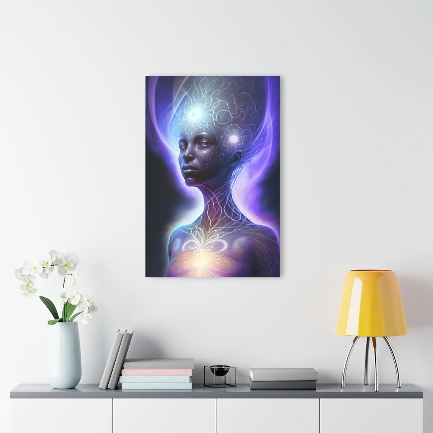 "Cosmic Connection" Wall Art displayed in a modern living room setting to show scale.