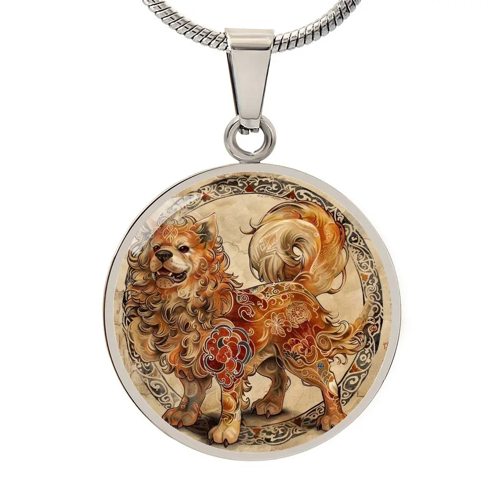Silver Chinese Zodiac 'Year of the Dog' Pendant Necklace on a white background.