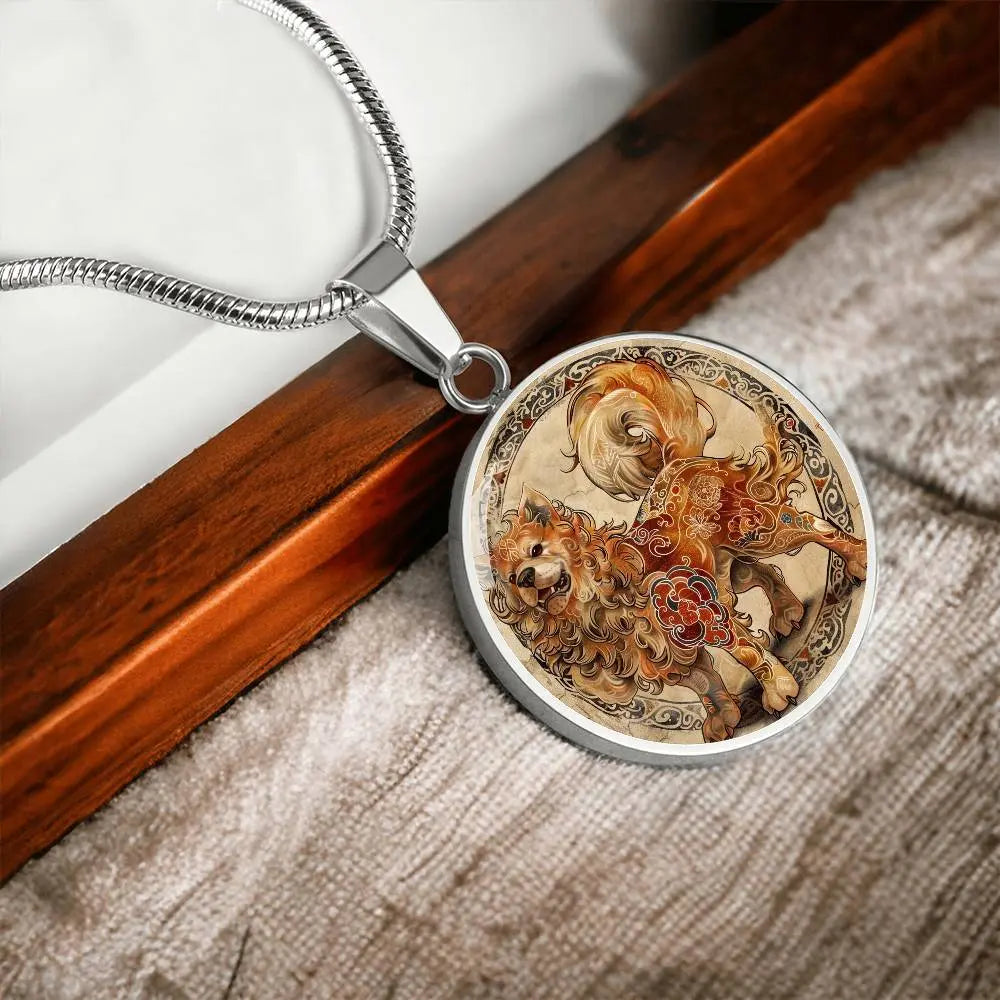 Silver 'Year of the Dog' Necklace shown in a lifestyle setting.