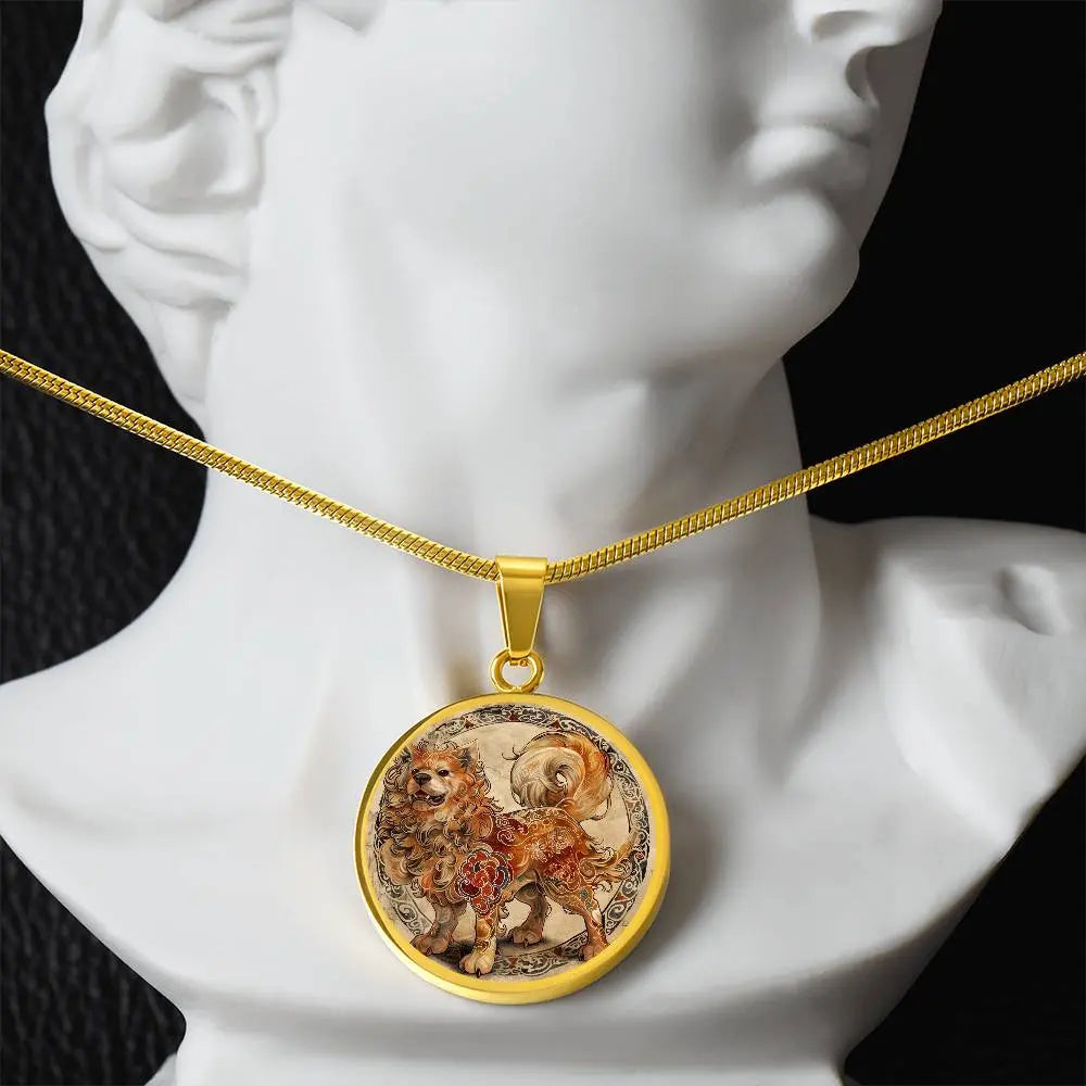 Gold 'Year of the Dog' Necklace shown in a lifestyle setting.