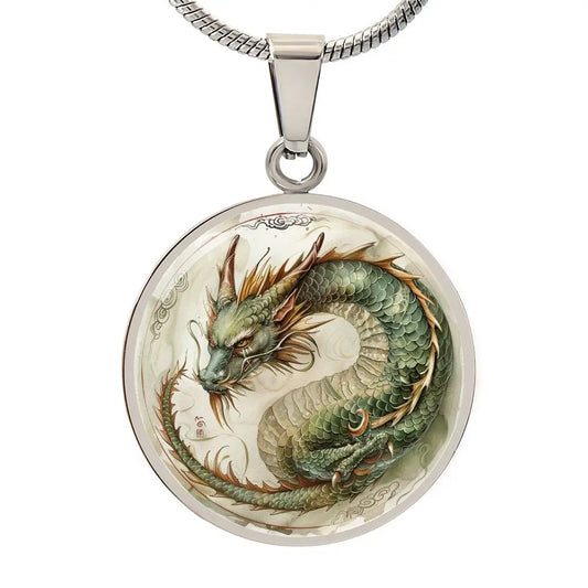 Silver Chinese Zodiac 'Year of the Dragon' Pendant Necklace on a white background.