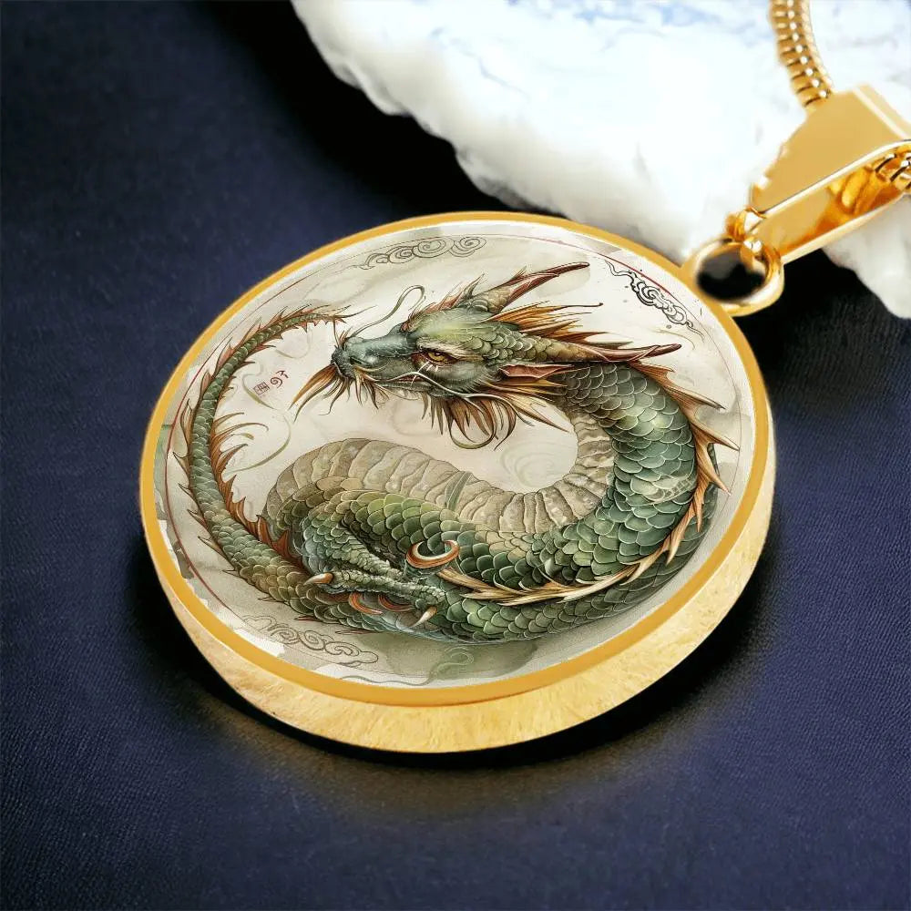 Gold 'Year of the Dragon' Necklace shown in a lifestyle setting.