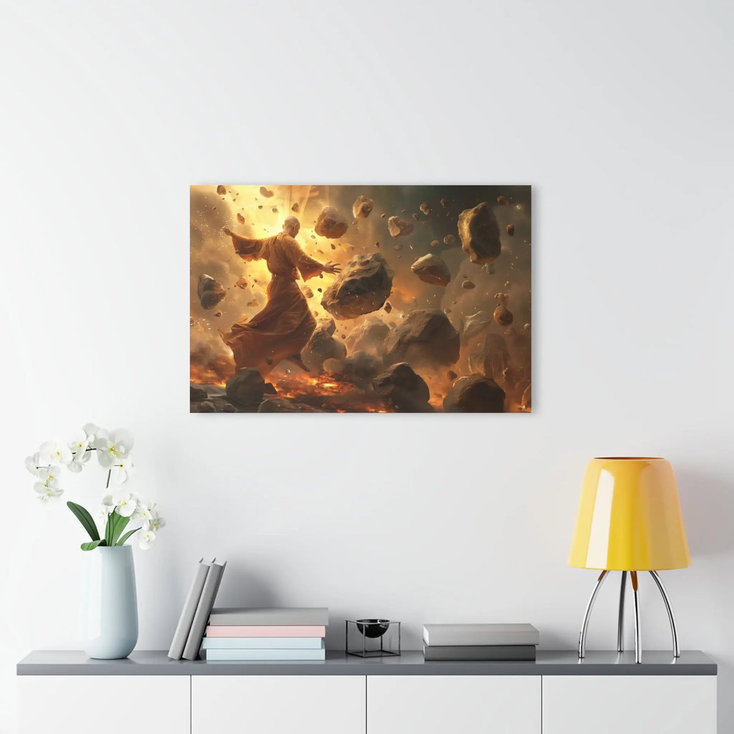 Master of the Earthen Arts Wall Art displayed in a modern living room setting to show scale.