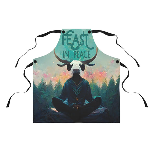 "Feast in Peace" Taurus Cooking Apron - Full view of the design on a white background.