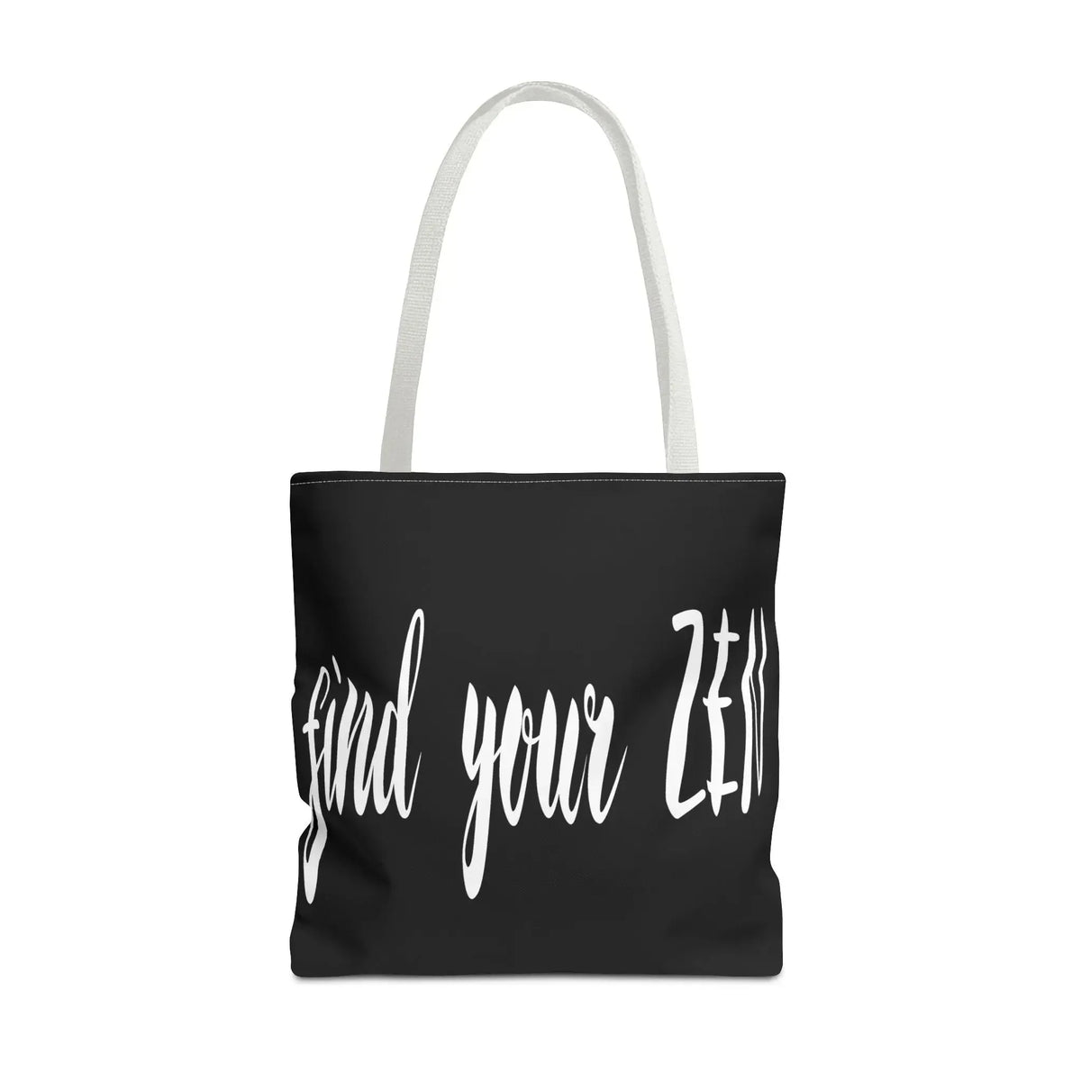 Black tote bag with white 'find your zen' text, ideal for chakra and mindfulness enthusiasts