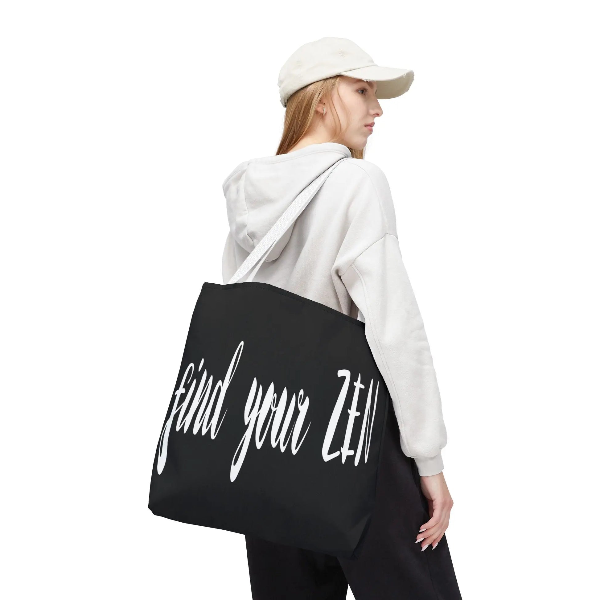 Woman carrying the "Find Your Zen" Tote Bag over her shoulder.