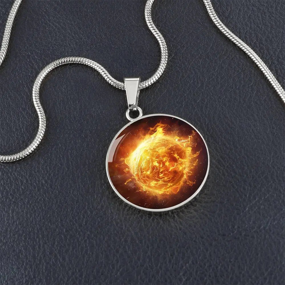 Silver Fire Element Necklace shown in a lifestyle setting.