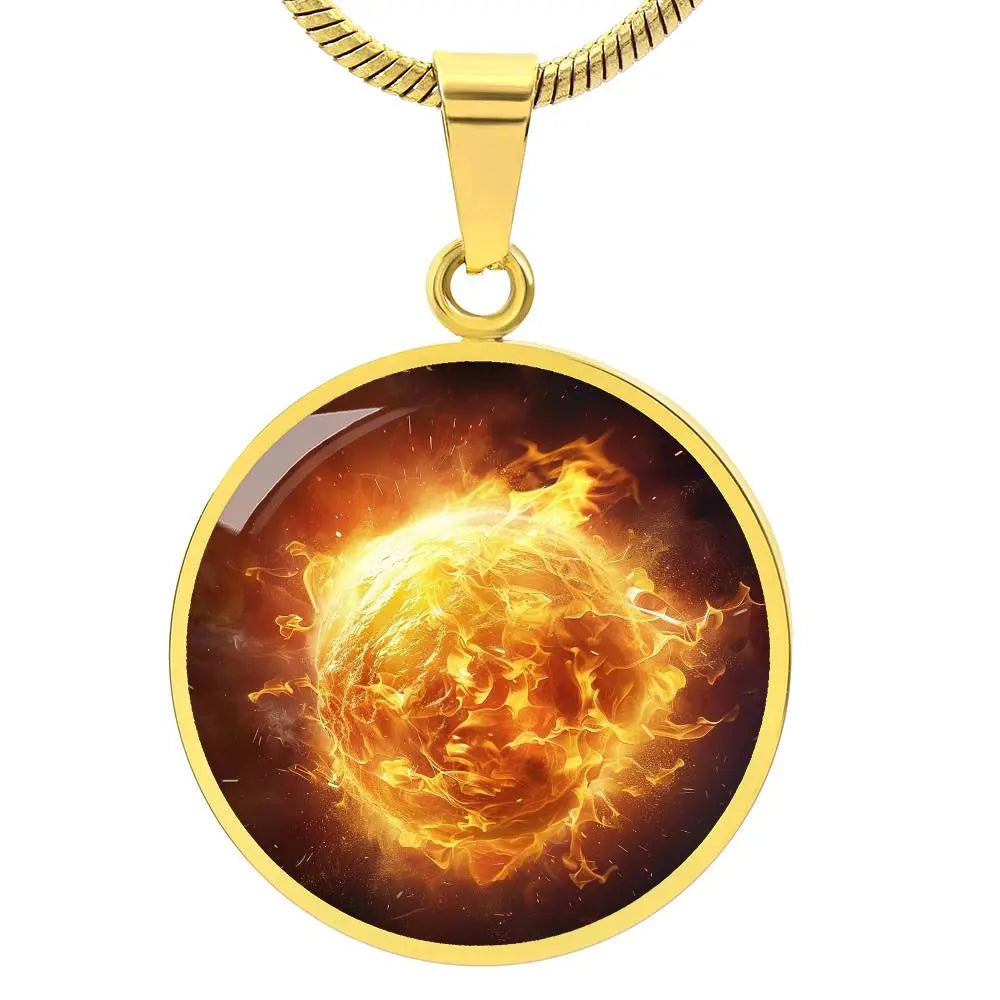 Gold Fire Element Pendant Necklace on a white background.