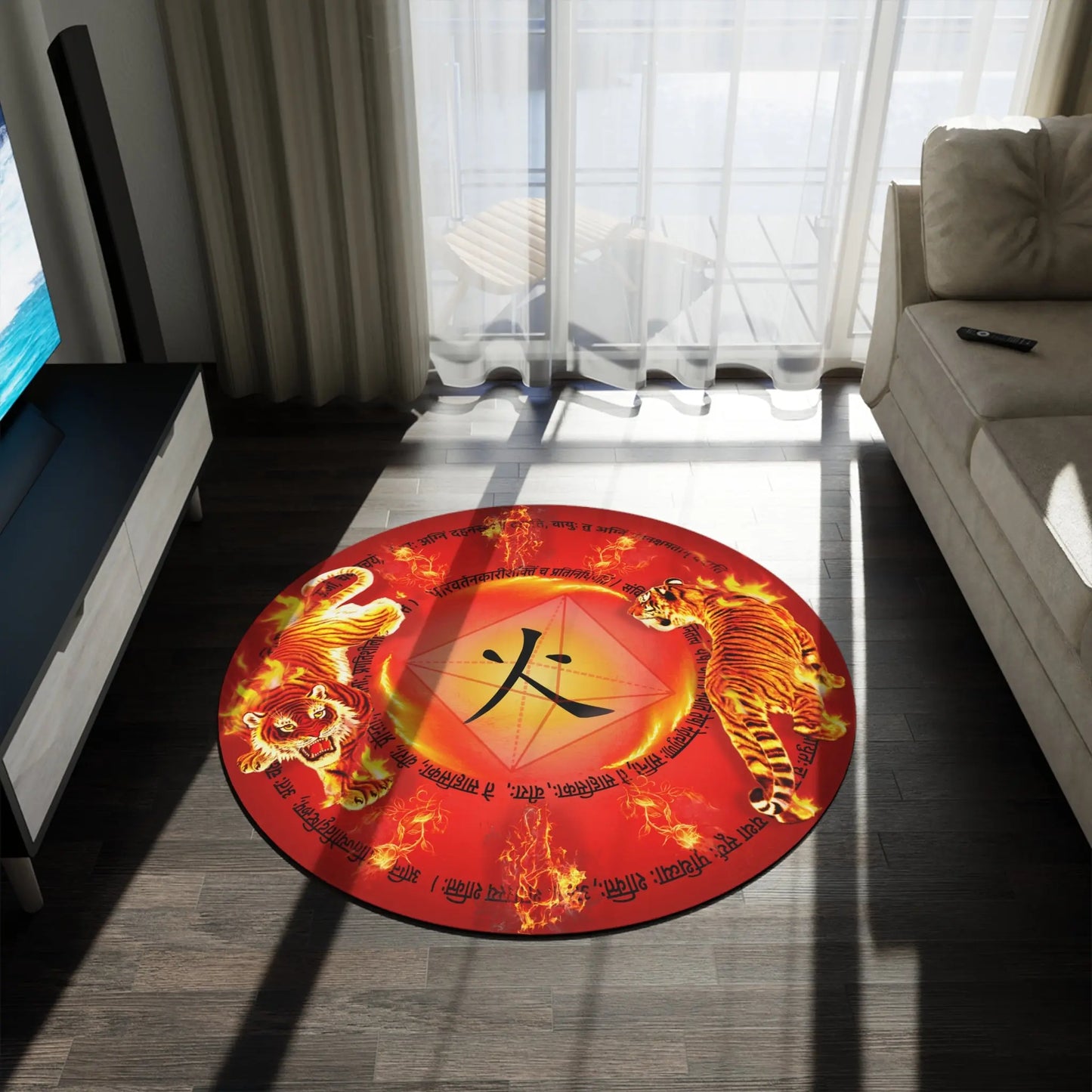 The 60x60" "Fire Element" Rug shown in a modern living room next to a sofa.