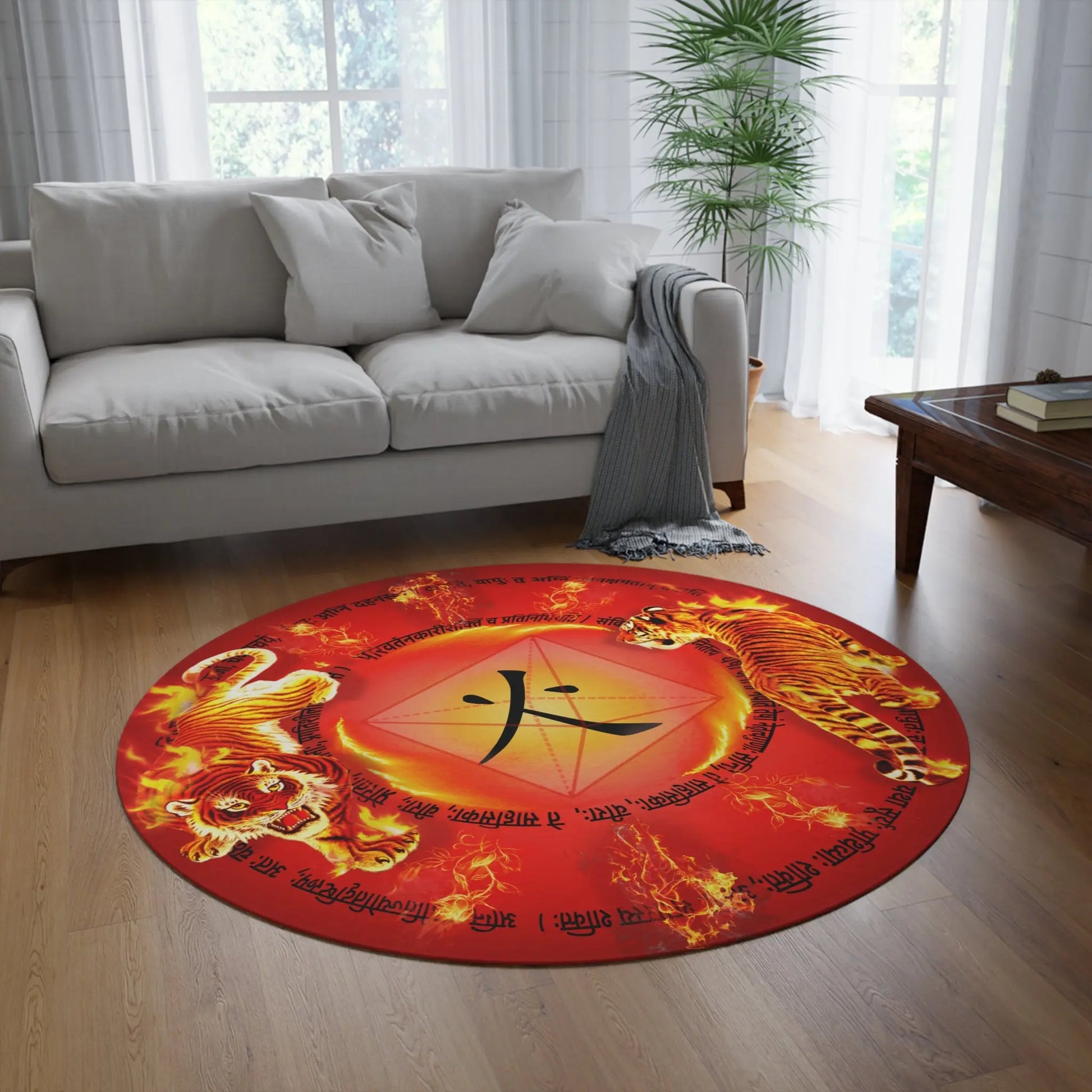 A different living room setting featuring the "Fire Element" Round Rug as a centerpiece.