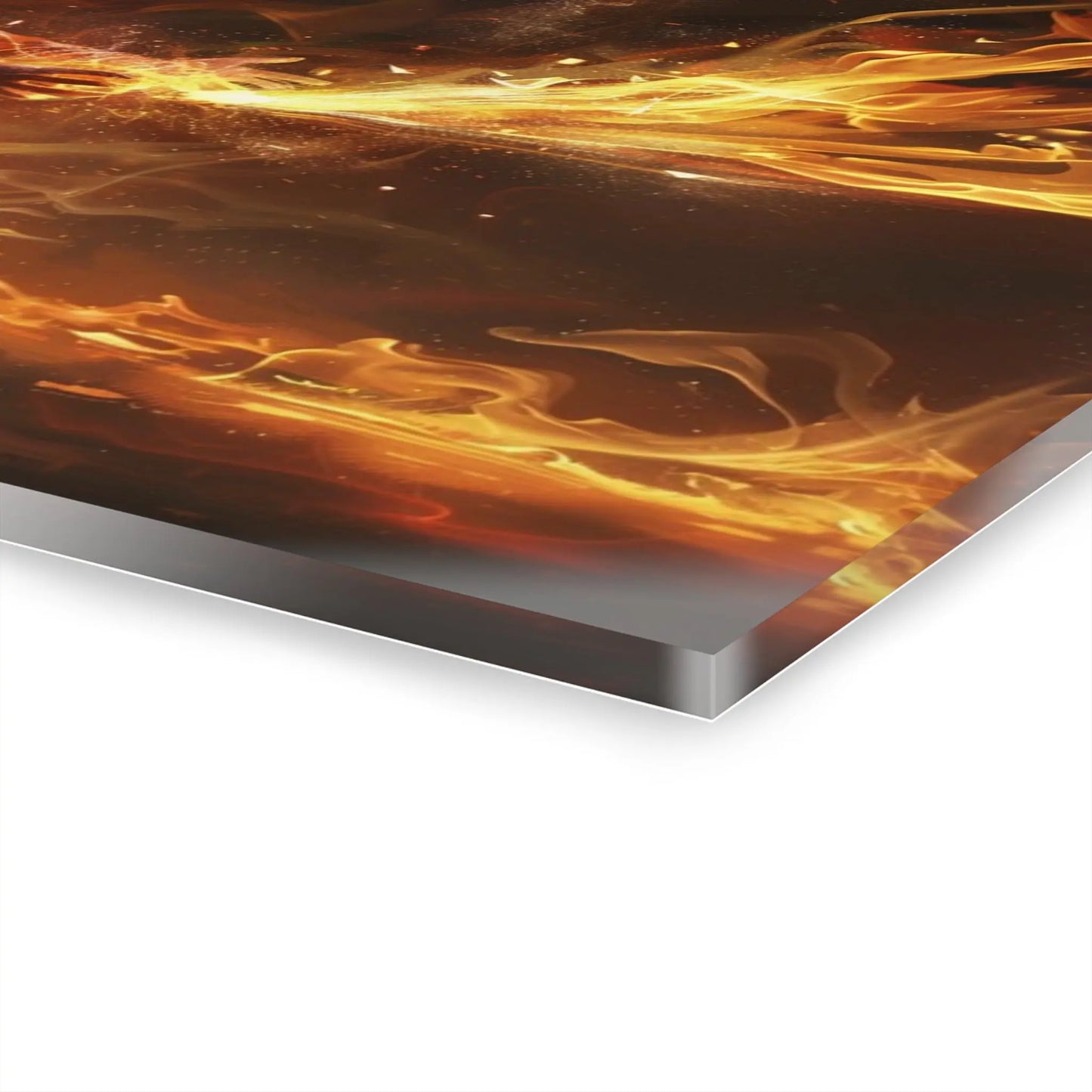 Close-up of the rounded corners and 1/4-inch depth of the Fiery Arts acrylic wall art.