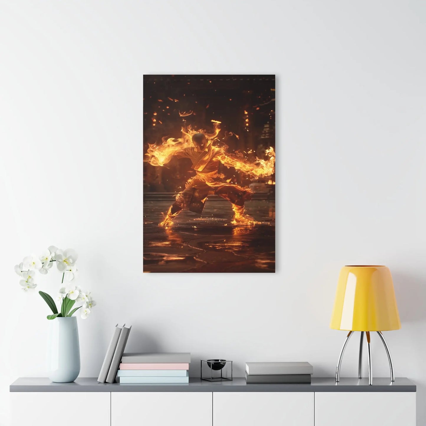 "The Art of Fire" Wall Art displayed in a modern living room setting to show scale.
