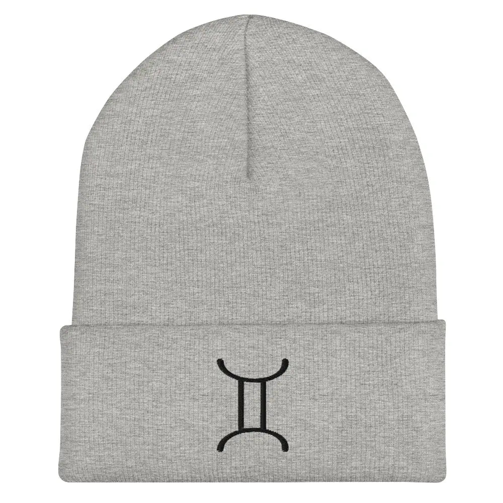 Gray Gemini Zodiac Beanie - Front view of embroidered knit hat.