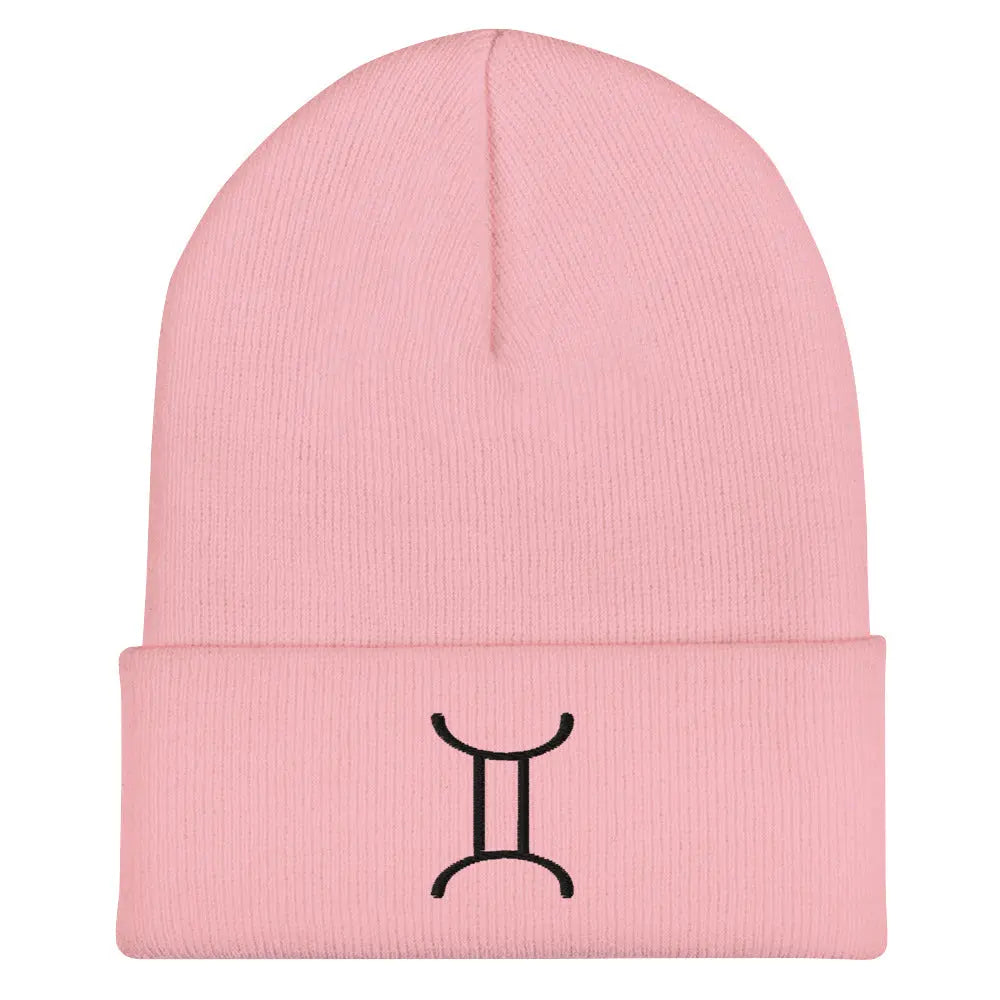 Pink Gemini Zodiac Beanie - Front view of embroidered knit hat.