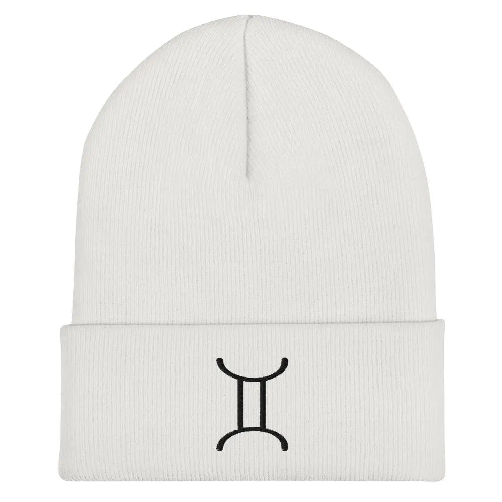White Gemini Zodiac Beanie - Front view of embroidered knit hat.