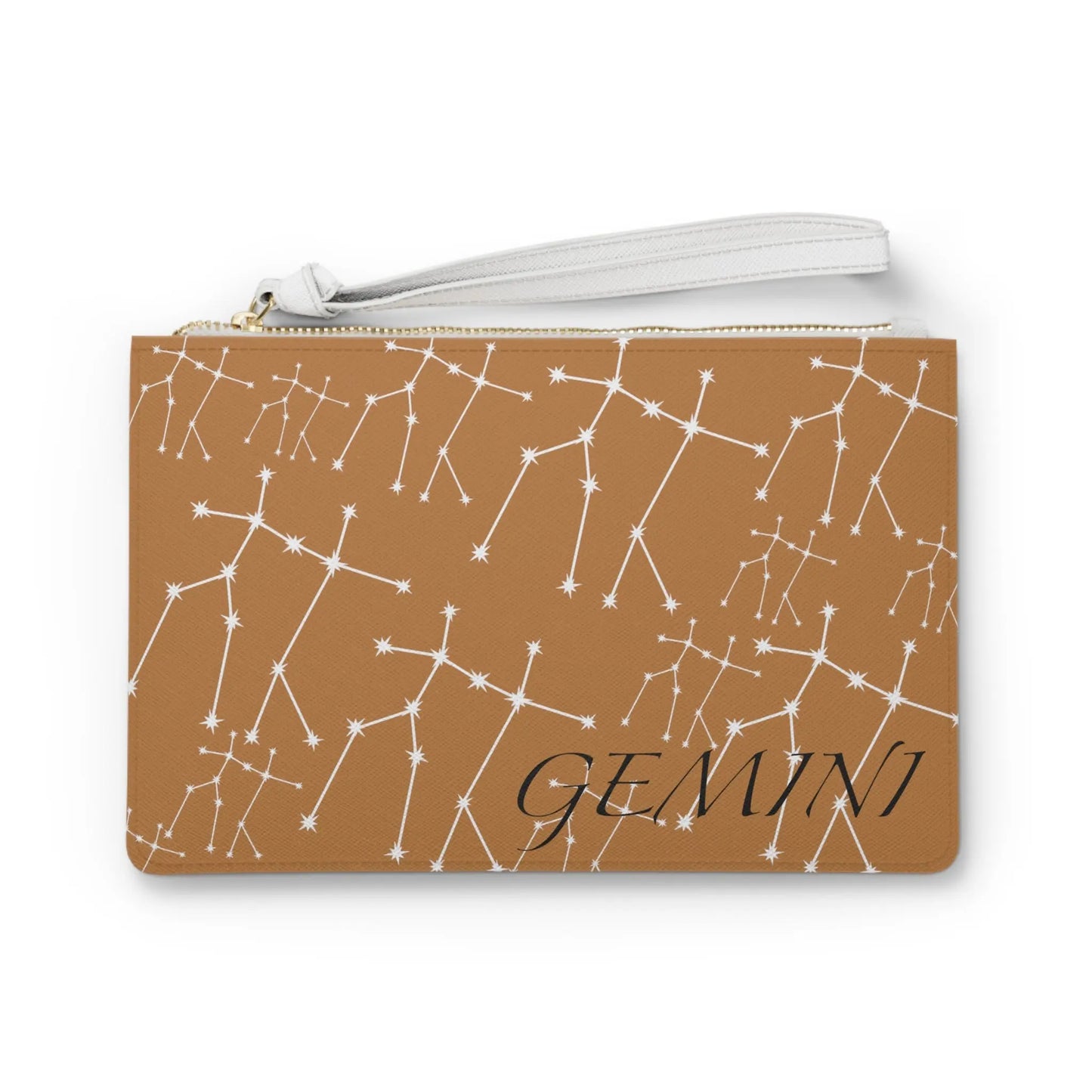 Gemini Zodiac Clutch - Front view of brown vegan leather purse with white constellation print.