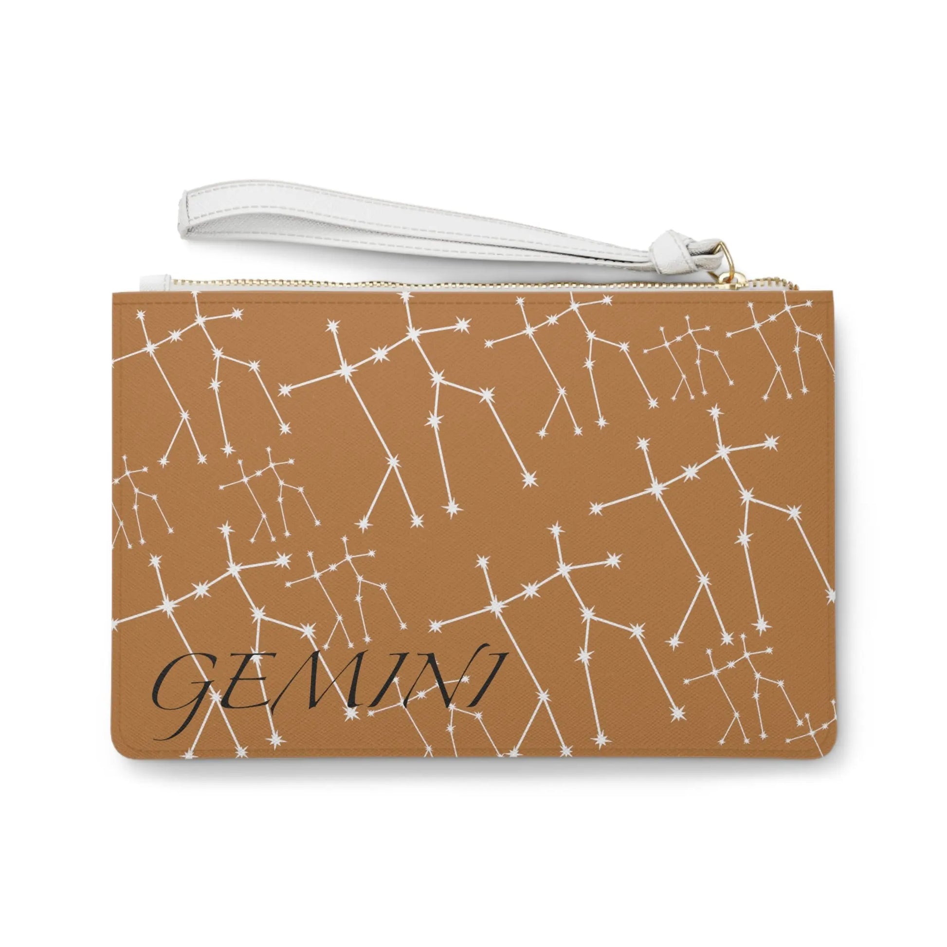 Gemini Zodiac Clutch - Back view of brown vegan leather purse with white constellation print.