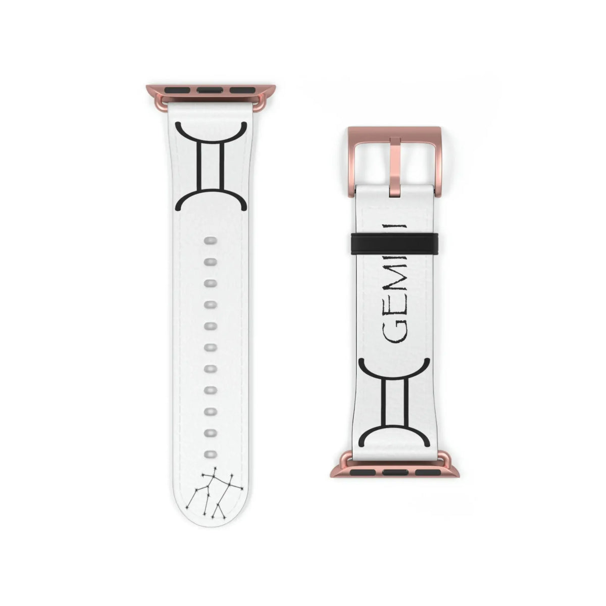 White Gemini zodiac watch band with constellation design and rose gold hardware for Apple Watch
