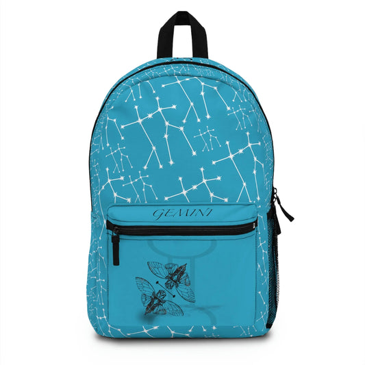 Light blue Gemini Zodiac Backpack - Front view showing the constellation print and front pocket emblem.