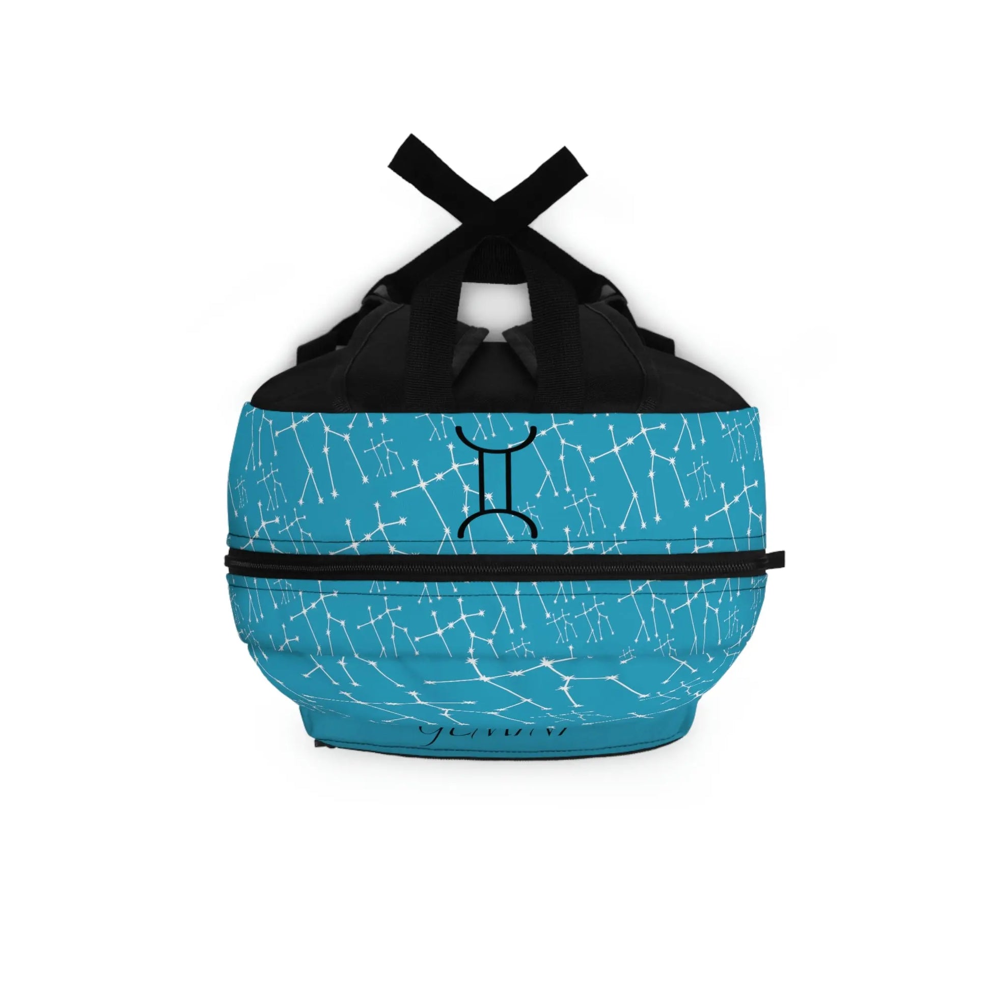 Top-down view of the light blue Gemini Zodiac Backpack, showing the main zipper opening and shoulder straps.