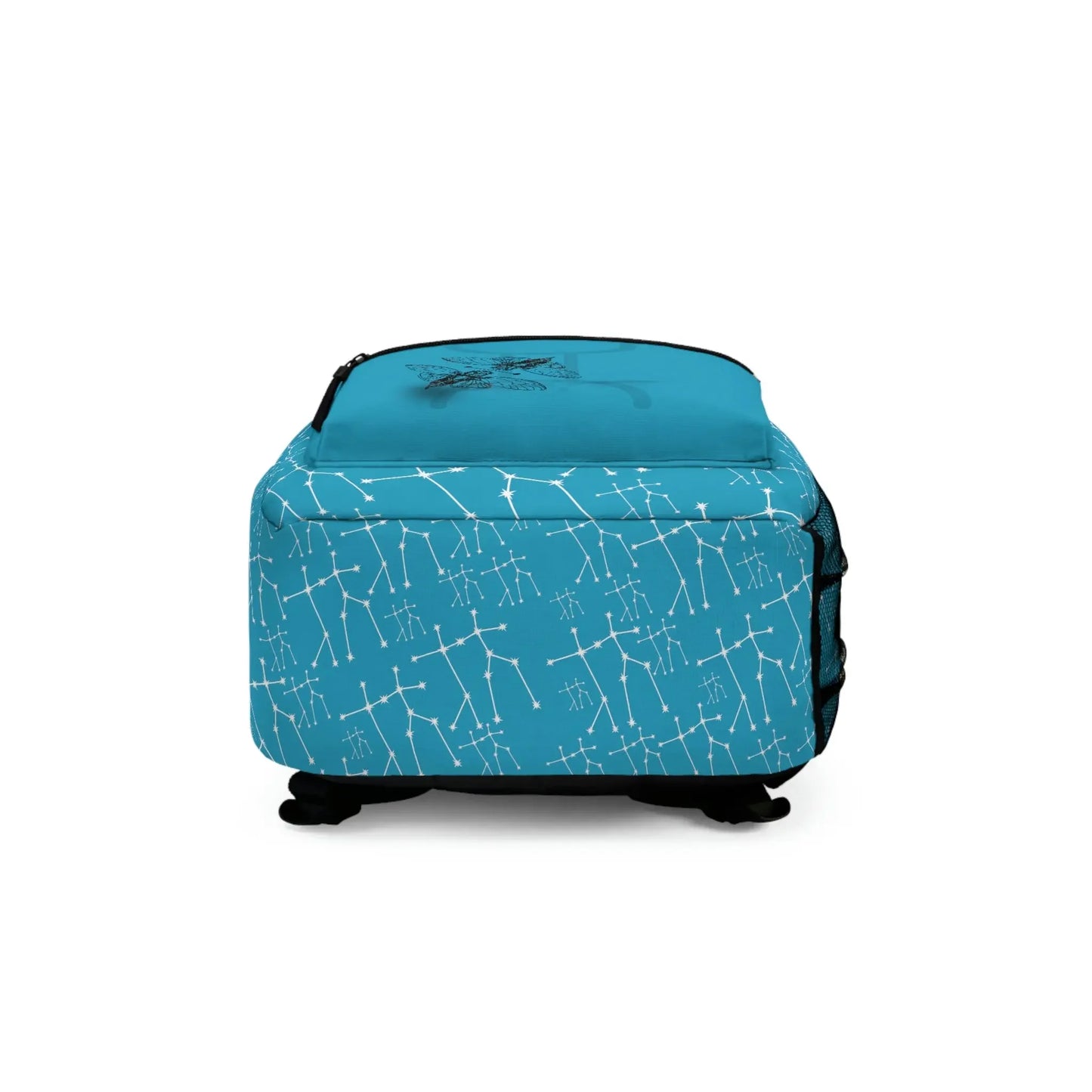 Teal backpack with white constellation patterns and dragonfly design, ideal for astrology enthusiasts