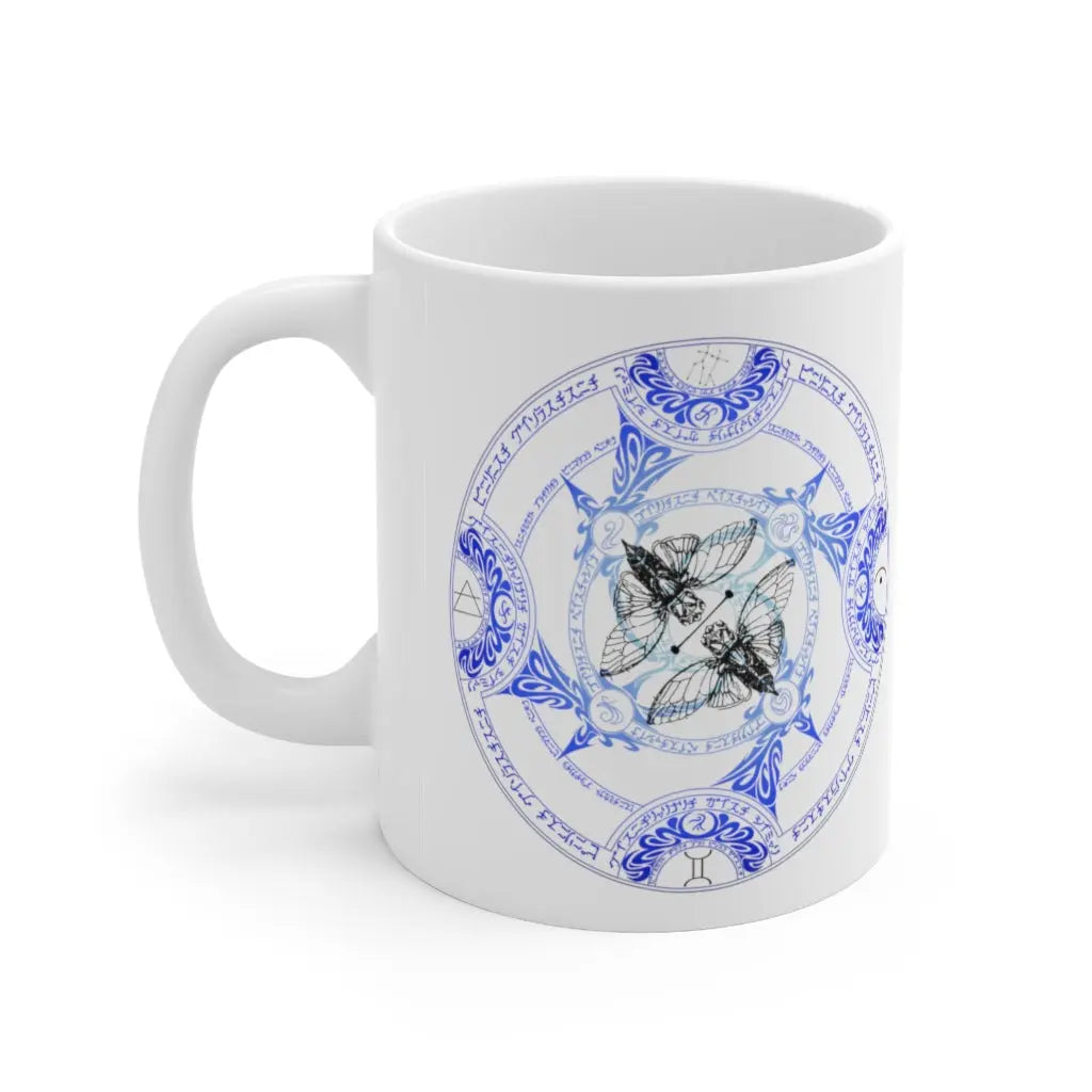 Gemini Zodiac Mug - Right side with intricate yellow elemental sigil and Twins, clean white background.